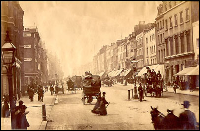Oxford Street in 1875, looking west from the junction with Duke Street. The buildings on the right are on the future site of Selfridges